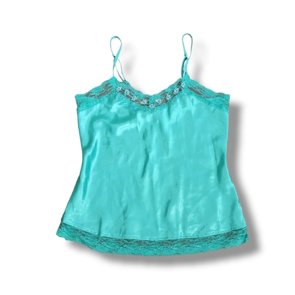 SOLD Y2K One Step Up Lace and Sequin Green Camisole Tank Top - Picture 3 of 5